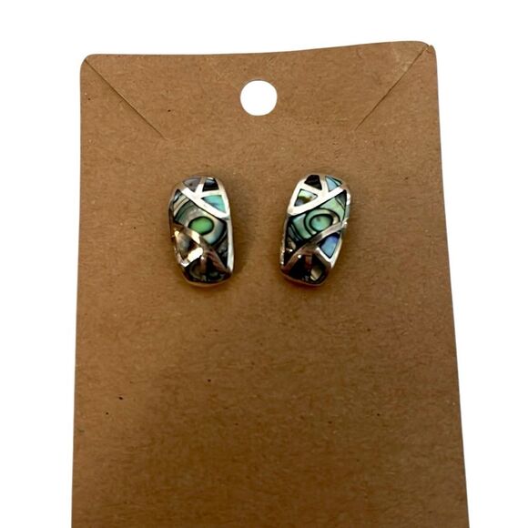 Abalone Mosaic Inlaid M925 Stamped Sterling Silver Post Earrings Southwestern